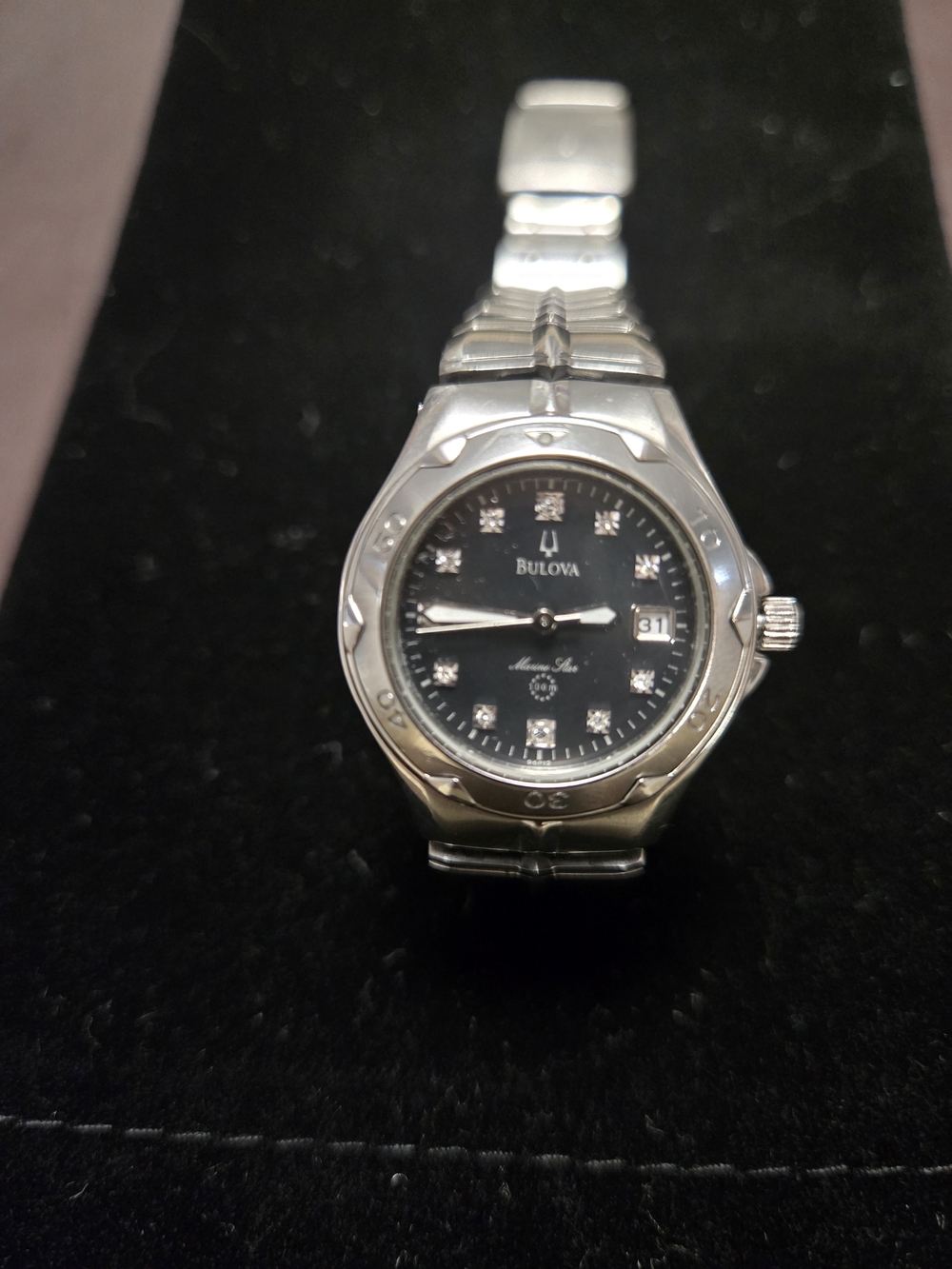 Bulova Stainless Steel Black Dial Watch with Date